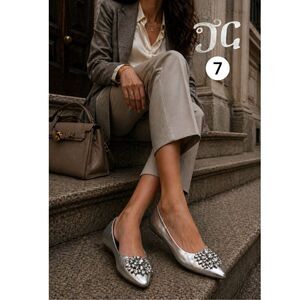 TG Women's Embellished Rhinestones Pointed Slip-On Ballet Flats Silver Size 7